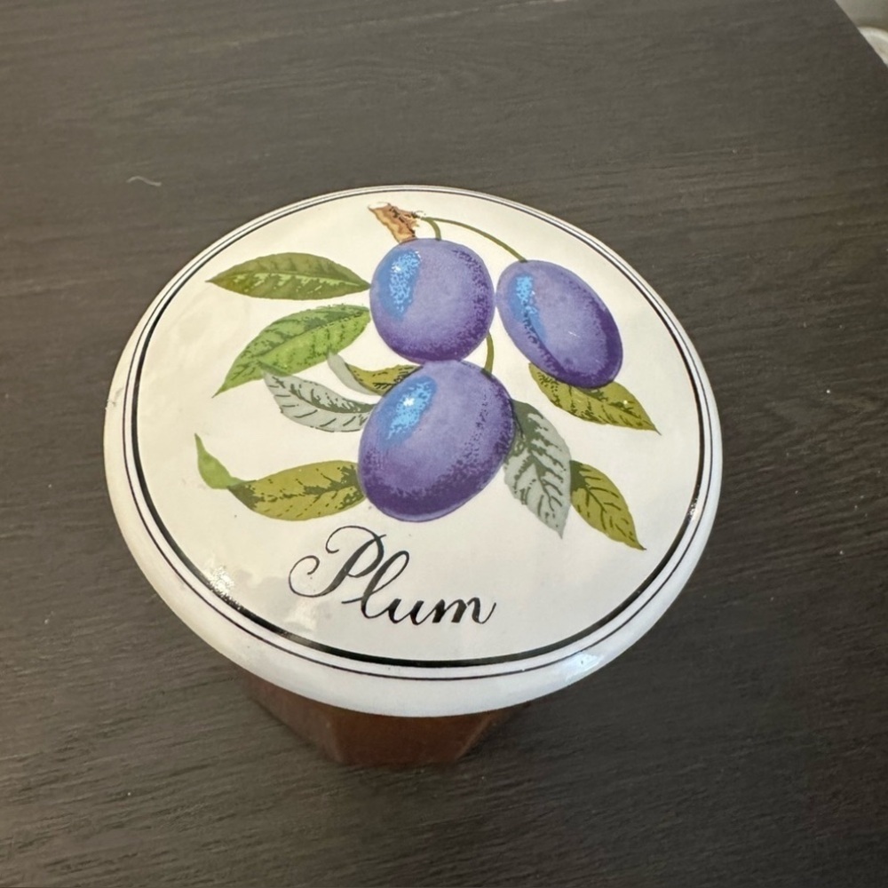 Vintage Plums Preserves Container by Gailstyn Sutton Jam Jar Ceramic Brown White